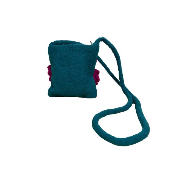 Handmade Wool Shoulder Bag with Teal and Purple Flower Made in Nepal - Picture 5 of 11